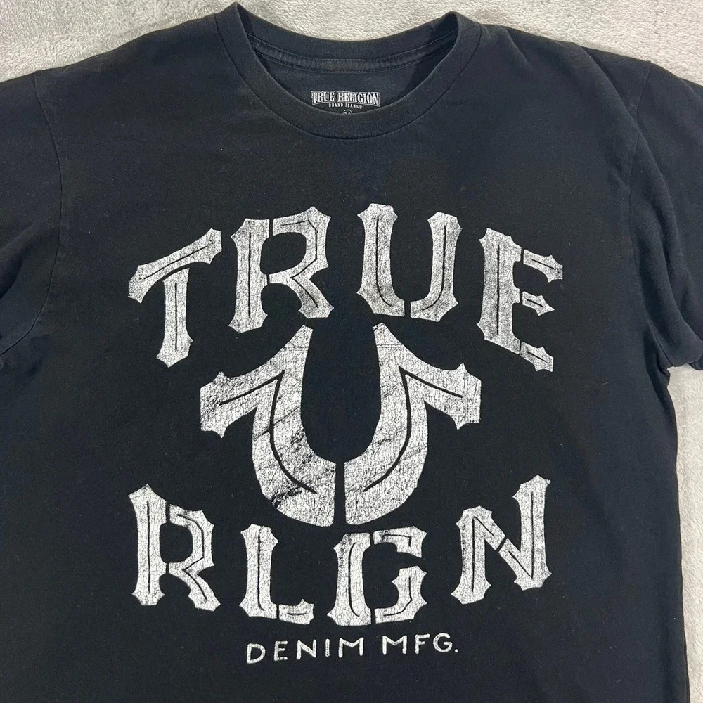 True Religion Graphic T-Shirt Mens Medium Black Excellent Horseshoe Logo Tee Y2K